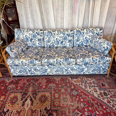 1980s Rattan & Bamboo Sofa w/ Scroll-Loop Sides & Blue & White Floral Botanical Upholstry
