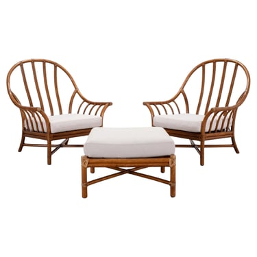 Pair of McGuire Organic Modern Rattan Lounge Chairs + Ottoman