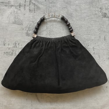 1990s Italian Suede Frame Bag with Acrylic Bamboo Handle 