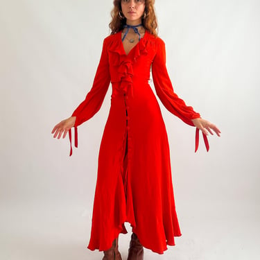 Rare 1960s Merivale bright orange maxi dress / Australian designer / ruffle front duster 
