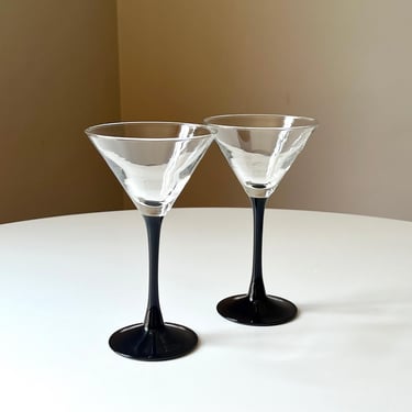 Vintage Black Stem Domino Martini/Cocktail Glasses by Luminarc France (Set of 6) 