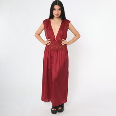 Vintage Burgundy Lace Nightgown 80s Deep V Neck Lingerie Maxi Slip Dress High Waist Sleeveless Romantic 1980s Extra Large xl 
