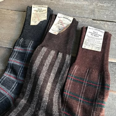 French Edwardian Wool Socks, Plaid, Stripe, Original Label St Georges, Unused, Darn Thread Card, Historical Period Clothing, Sold by Each 