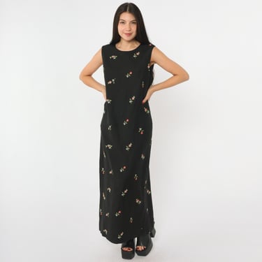 Vintage Black Floral Dress 90s Maxi Dress Flower Print Day Dress Round Neck Sleeveless Sun Summer 1990s Linen Rayon Large 14 