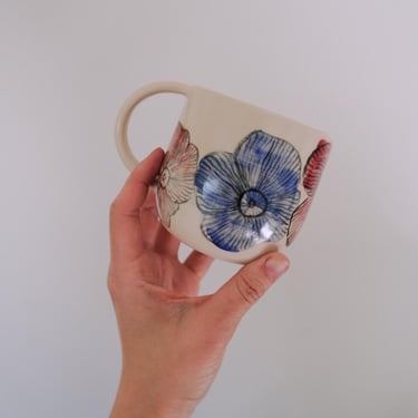 Bamboo Brush Painted Ceramic Mug // Poppies 