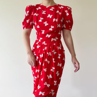 vintage dress midi dress red dress bow tie puff sleeve pencil skirt sun dress market dress vintage style 80s retro style size S/M 