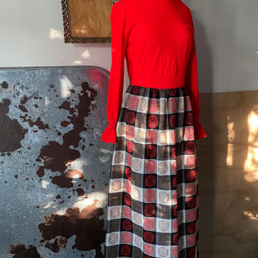 Vintage 60s Abstract Patchwork CheckerBoard Plaid Wool Maxi Dress with Bright Red Turtleneck Blouse; 60s Holiday Christmas Wool Maxi Dress 