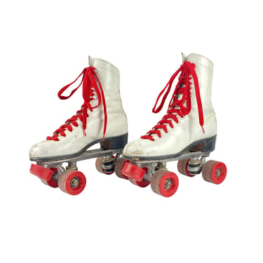 Vintage Leather Roller Skates Chicago Size 7 Lace Up Skates, White Leather Red Laces 1970's 
