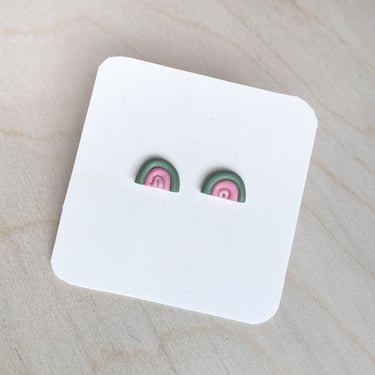 Clay Earrings | Handmade Polymer Clay Stud Earrings | Rainbow Shaped Small Studs | Pink and Green Earrings 