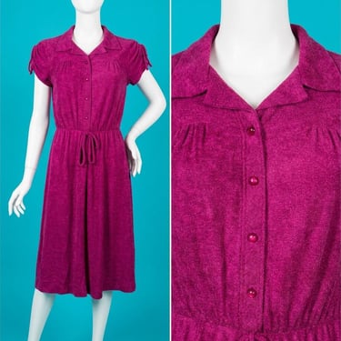 Vintage 1970s Bright Raspberry Magenta Nylon Terry Cloth Dress Size M/L 