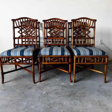 Vintage Coastal Chinese Chippendale-Style Rattan & Leather Dining Chairs – Set of 6 