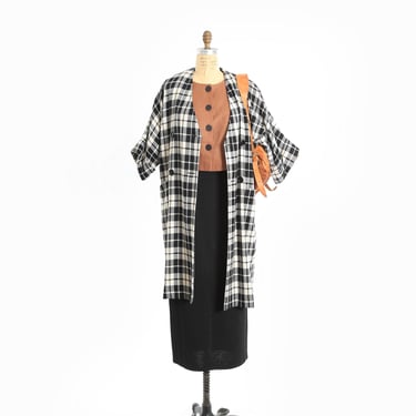 Vintage 80s Black + white plaid wool dress | Plaid Duster dress coat 