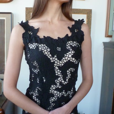 1980s Black Cocktail Dress - Guipure Lace Open Weave Mid Calf Versatile Unlined 