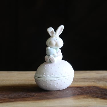 Vintage George Good Bunny Trinket Holder, Retro Easter Decor, Cute Rabbit sits atop Egg Shaped Jewelry Box holding Easter Egg, Grannycore 