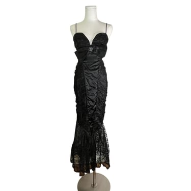 Vintage Karen Okada Climax 80s 90s Black Lace Satin Bow Mermaid Bodycon Dress Pin Up Retro Wiggle 