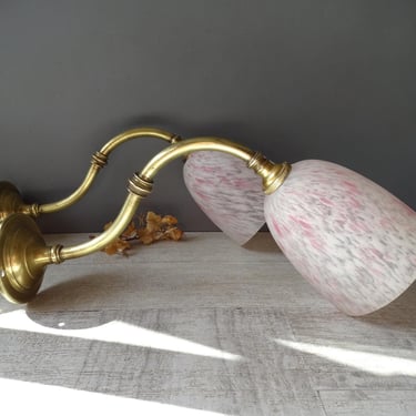 Rare French Antique  Brass Sconces,with Clichy  white and pink  glass Shades 