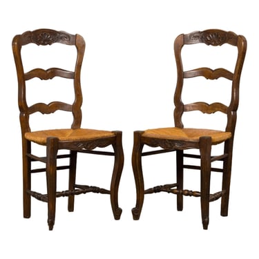 French Louis XV Style Provincial Maple Side Chairs W/ Rush Seats - A Pair 