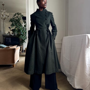 1970s Fiorucci dark military wool coat, asymmetrical closure, ties underbust / extra small 