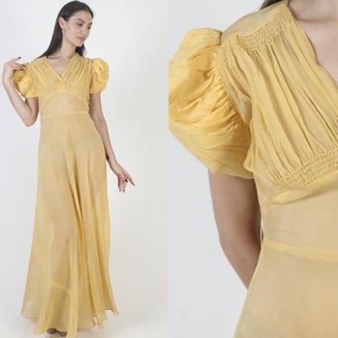 Yellow Edwardian Slip Dress, 40s Victorian Night Gown, Vintage Peignoir Lingerie 