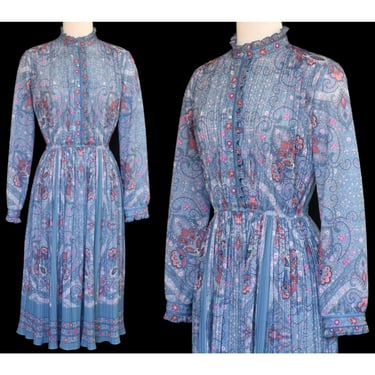 Vintage 70s Blue Paisley Border Print Crystal Pleated Day Dress, Hal Ferman, Size S Small 