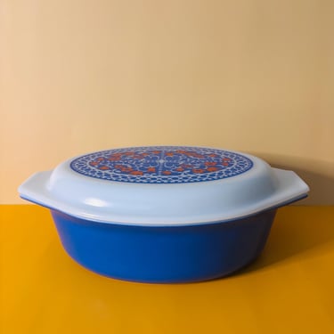 Vintage Pyrex New Holland 2 1/2 Quart 045 Oval Casserole Dish Blue & Orange Promotional Pattern with Lid 945-C 
