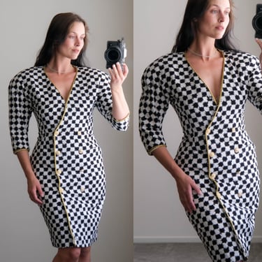 Vintage 80s LILLIE RUBIN Black & White Houndstooth Double Breasted Power Dress w/ Rhinestone Studs | Made in USA | 1980s Designer Chic Dress 