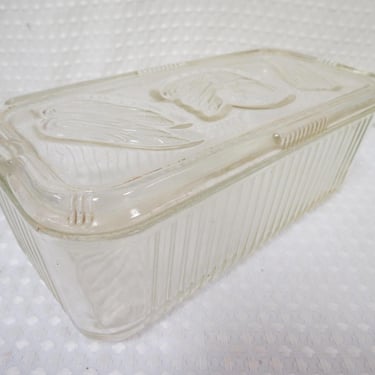 Vintage Federal Glass Ribbed Refrigerator Dish Embossed Vegetable Lid 8.5