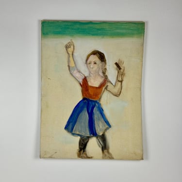 Original Oil on Canvas Painting of Young Girl In Red Top & Blue Skirt by Anonymous Artist 