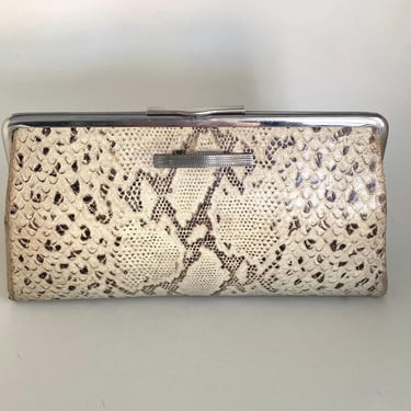 Art Deco Antique Clutch handbag chrome & Cream leather snakeskin pattern purse by BakeliteBa
