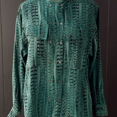 Vintage Regina Porter Green and Black Print Button Long Sleeve Blouse - Size L
