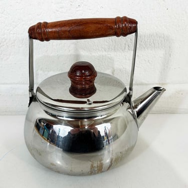 Vintage Stainless Steel Tea Kettle 1970s Wooden Handle Teapot Danish Style Wood Kitchen Decor Silver Teapot 