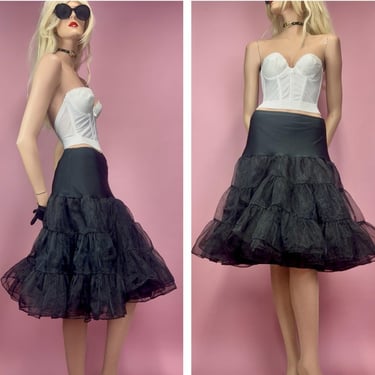 Vintage Black Tulle Petticoat Lolita Goth Cupcake Crinoline Skirt Retro Pin Up Balletcore Volume Underskirt Stretchy Waist Size Medium 