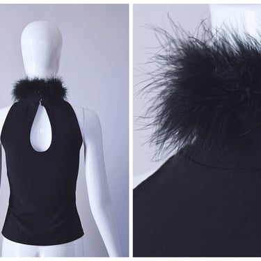 Vintage 1990s A. Aubrey Black Feather Collar Mock Neck Keyhole Back Slinky Spandex Top | retro 90s Y2K 2000s | 