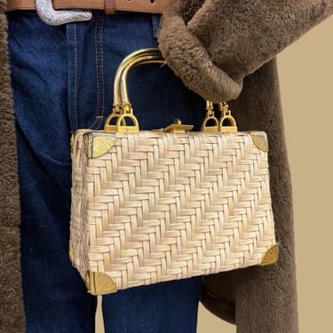 Vintage Top Handle Purse Retro 1960s Mid Century Modern + Tan Wicker + Hardcase + Gold Metal Hardware + Turn Lock + Woven Bag + Hong Kong 