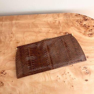 Vintage Brown Snakeskin Clutch, Genuine Exotic Leather Evening Bag, 1970s Python Clutch Purse, Old Money Handbag, snake Statement Accessory 