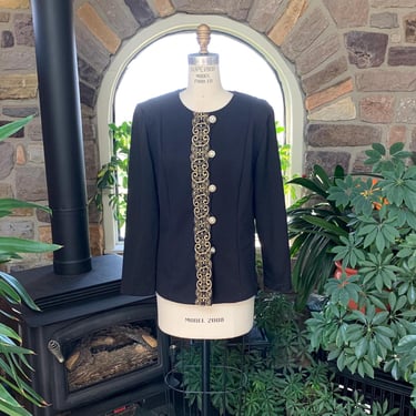 Vintage 1980s Black Jacket with Metallic Gold Trim Pablo Collection, Vintage Eighties Black Dress Jacket with Gold Embroidered Trim 