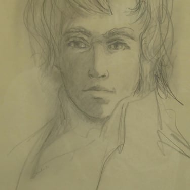 Framed Portrait of a Young Man in 1972, Edwardian Collar Long Hair Beautiful Pencil Drawing Original Frame and Matting Signed by the Artist 