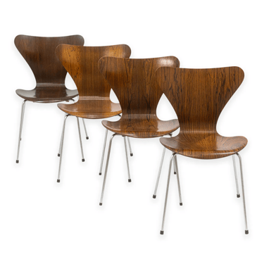 In Process: Set of 4 Arne Jacobson for Fritz Hansen Series 7 Chairs in Rosewood Model 3107