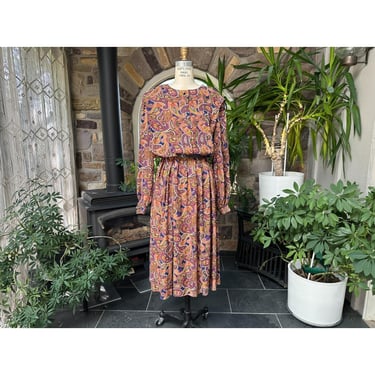 Vintage 1980s Purple and Blue Paisley Rayon Dress Leslie Fay Dresses 