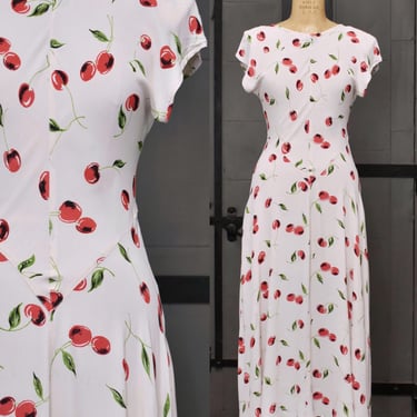 Eileen Vintage 90s Rayon Cherry Novelty Print Maxi Dress 