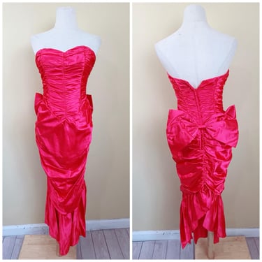 1980s Vintage Jessica McClintock Gunne Sax Red Acetate Satin Ruched Bow Back Strapless Party Dress / XS 