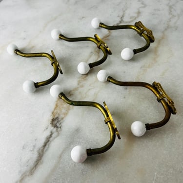 Set of 5 Vintage Brass & Porcelain Double Coat Hooks, White Ceramic Ball Tips, Victorian Style Wall Hooks, Original Screws 