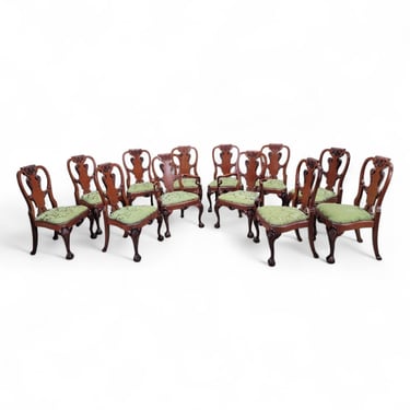 Vintage Queen Anne Style Carved Mahogany Dining Chairs - Set of 12