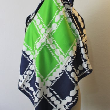 Vintage Echo Square Lime Green and Navy Blocks Gorgeous LARGE Silk Scarf 30 x 30  hand screened hand rolled Neck Head Scarf 