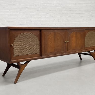 Long + Low Mid Century Modern Walnut and Cane Credenza | Sculptural Kagan Style Wishbone Leg Sideboard, c. 1960's 