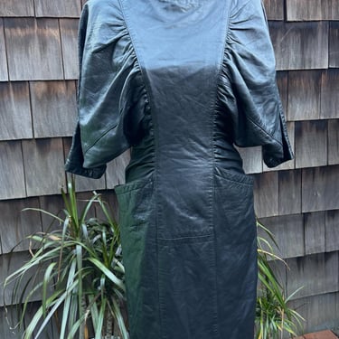 Vintage 80s black leather midi dress ruched bodice puffy sleeve XS/S by Leather Concepts 