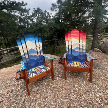 Hand Painted Ski Adirondack Chairs - Mountain Sunset Scene, Set of 2 