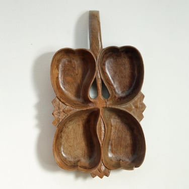 Vintage Hand-Carved Wooden Clover Trinket Dish • 4-Section Catchall • 16” Long Boho Organizer • Rustic Jewelry Bowl with Chip 