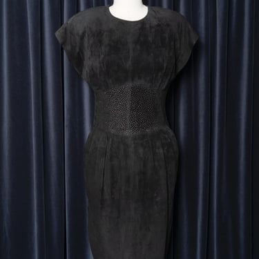 1980s I. Magnin Black Suede Dress with Sparkly Midriff Yoke and Pockets 