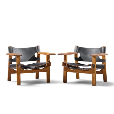 Børge Mogensen for Fredericia Mid Century Oak and Leather Spanish Chairs - Pair - mcm 